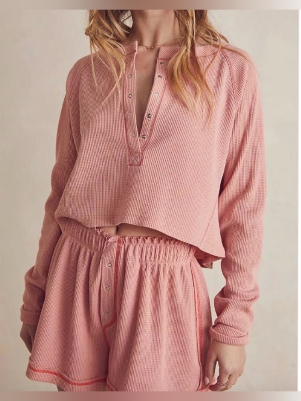 Free People Early Night Thermal Set Shorts Loungewear GUC Small Dusty pink